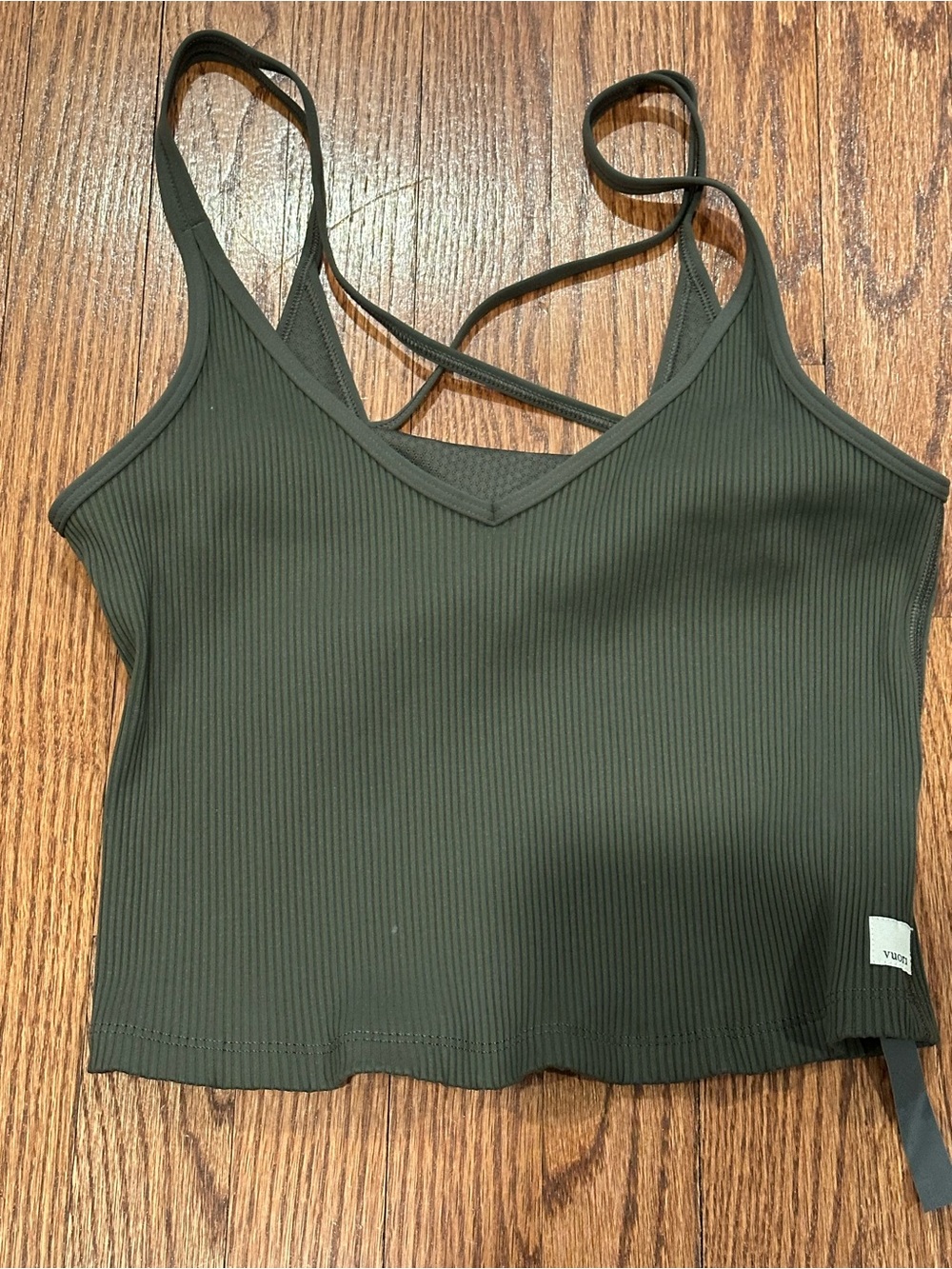 Vouri Ribbed Strappy V-Neck Crop Tank Top - Olive